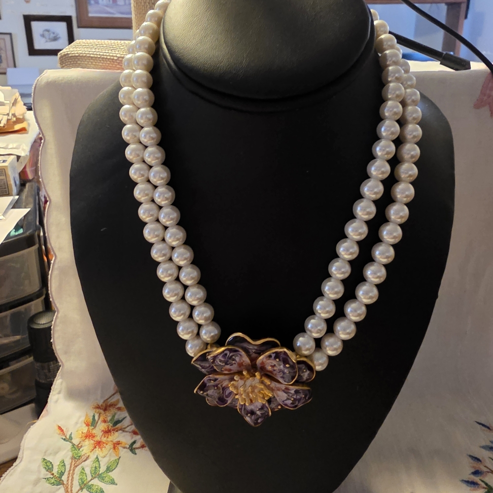 Elegant Double-Strand Faux Pearl Choker with Purple Floral Enamel Pendant By MT